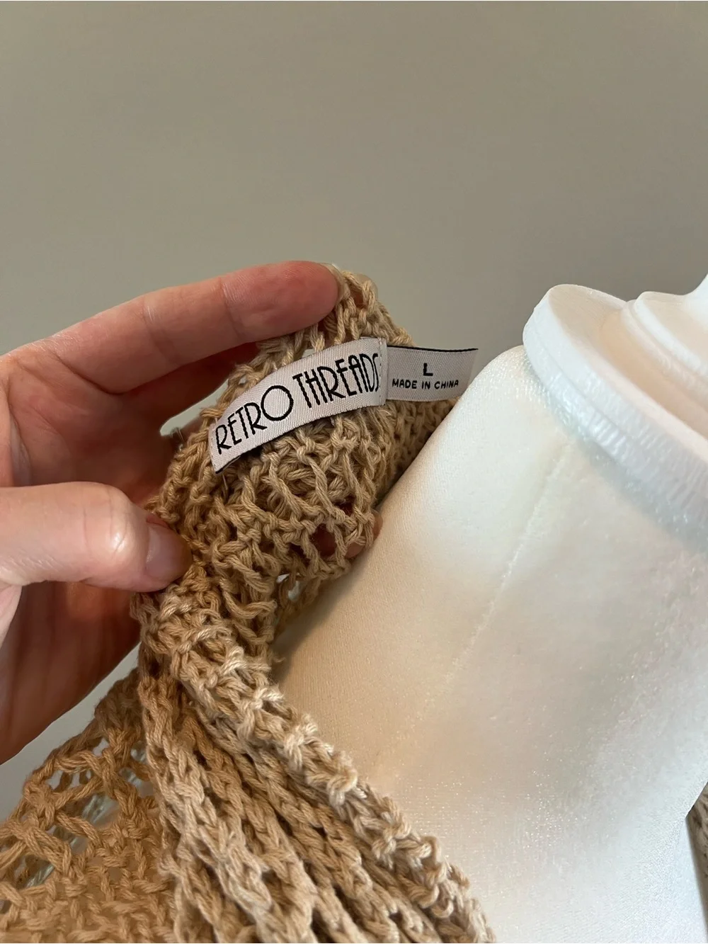 Open-Knit Fringe Crochet Vest in Beige women Large boutique